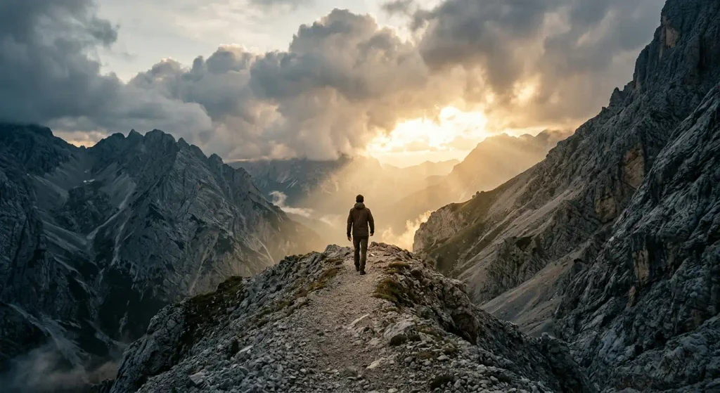 Mountain path continuing through mist toward sunlight