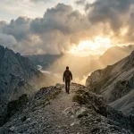 Mountain path continuing through mist toward sunlight