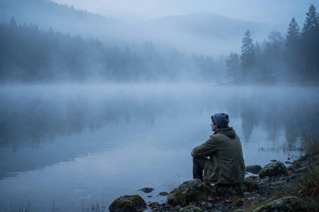 Solitary figure sitting by a misty lake at dawn with soft blue tones, for alone quotes.