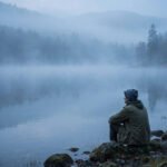 Solitary figure sitting by a misty lake at dawn with soft blue tones, for alone quotes.