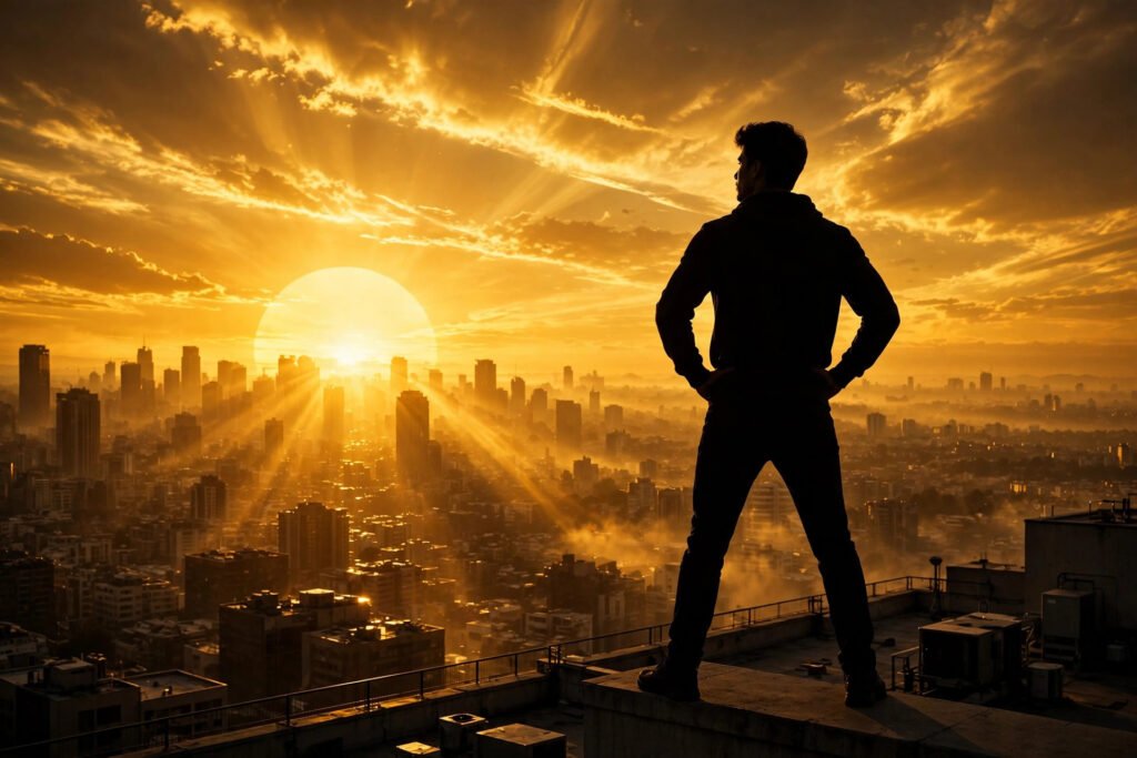 Silhouette of a confident young man standing with hands on his hips on a rooftop, gazing over a glowing golden city skyline at sunset, capturing bold attitude for boys.