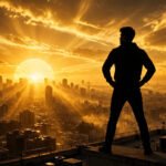 Silhouette of a confident young man standing with hands on his hips on a rooftop, gazing over a glowing golden city skyline at sunset, capturing bold attitude for boys.