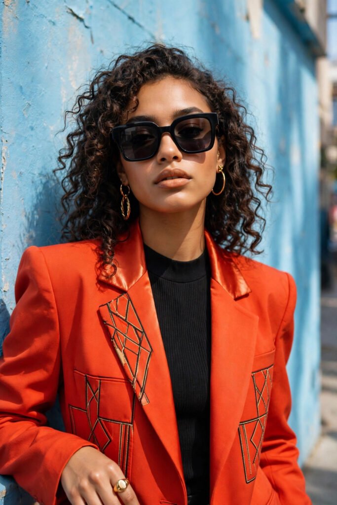 Confident young woman in sunglasses against a bright city wall, bold fashion look, for attitude quotes for girls.