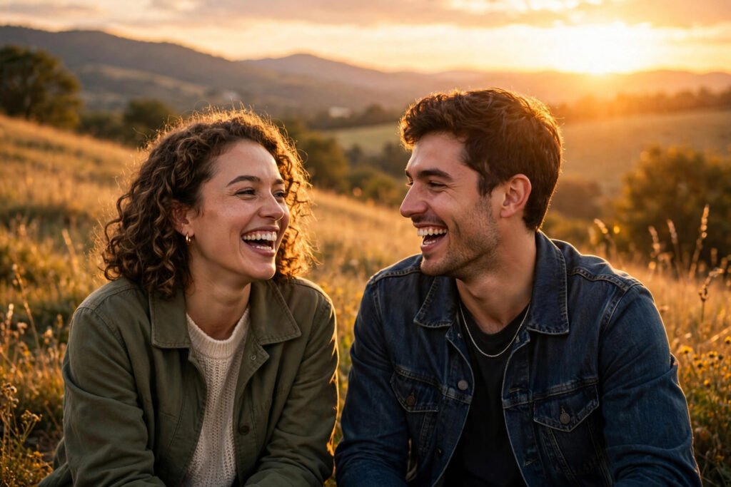 Two best friends laughing together at golden sunset in a sunlit field, radiating genuine joy and warm friendship — best friend quotes.