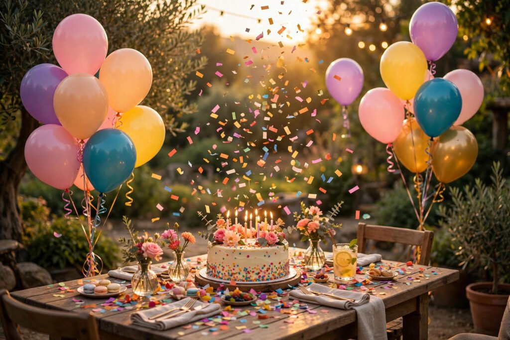 A festive outdoor birthday celebration at golden hour, with a candle-lit birthday cake on a rustic wooden table surrounded by colorful balloons, falling confetti, flowers, and sweet treats.