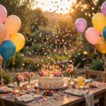 A festive outdoor birthday celebration at golden hour, with a candle-lit birthday cake on a rustic wooden table surrounded by colorful balloons, falling confetti, flowers, and sweet treats.