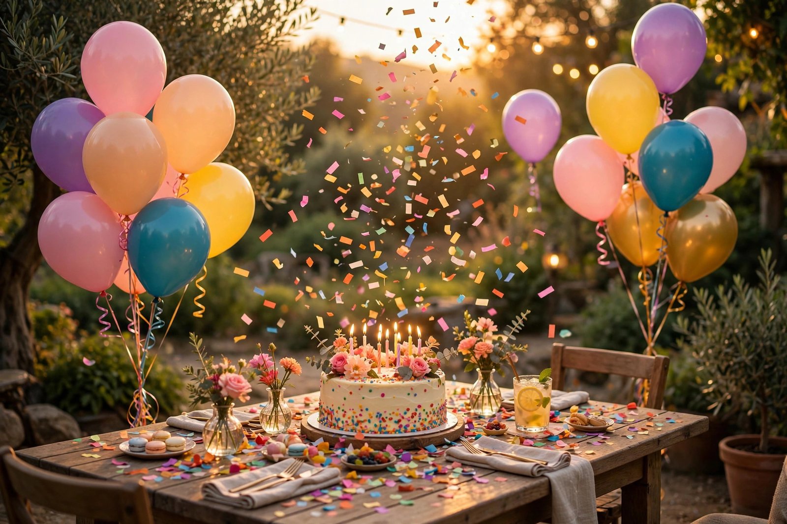 A festive outdoor birthday celebration at golden hour, with a candle-lit birthday cake on a rustic wooden table surrounded by colorful balloons, falling confetti, flowers, and sweet treats.