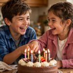 Brother and sister laughing together while cutting a birthday cake with candles, for birthday quotes for brother and sister
