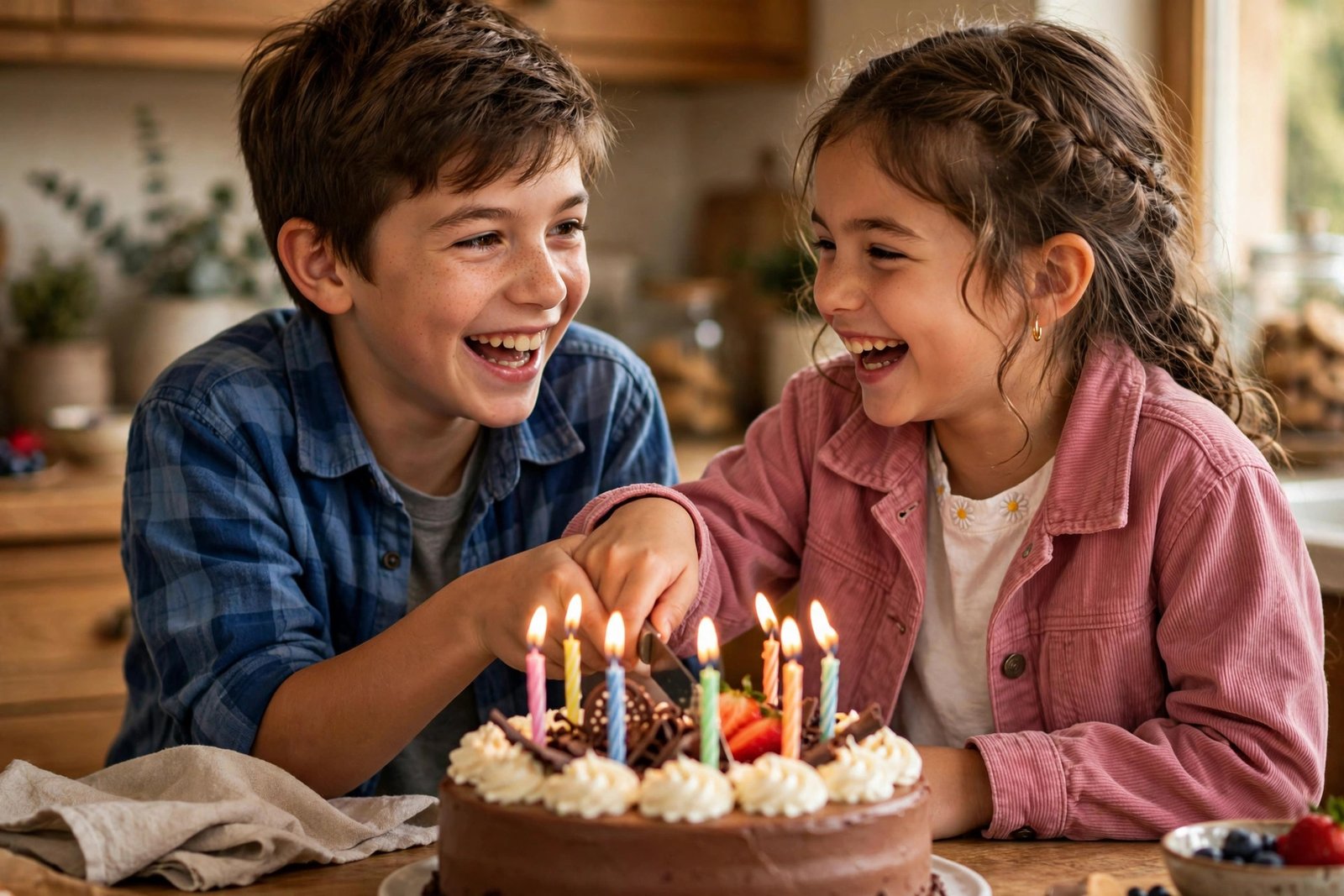 Brother and sister laughing together while cutting a birthday cake with candles, for birthday quotes for brother and sister