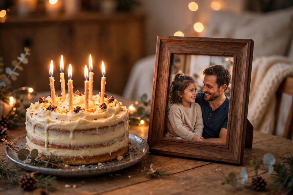 Birthday cake with candles beside a framed photo of a father and child, warm festive glow, for birthday quotes for dad.