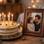 Birthday cake with candles beside a framed photo of a father and child, warm festive glow, for birthday quotes for dad.