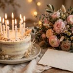 Birthday cake with glowing candles beside a bouquet of flowers and a handwritten card, warm cozy light, for birthday quotes for mom.