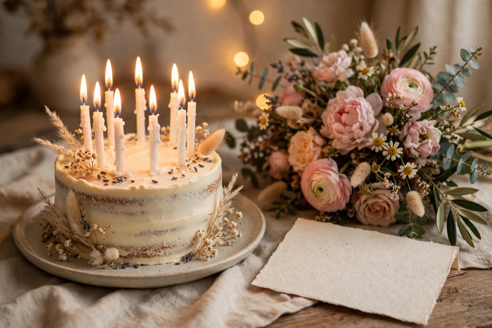 Birthday cake with glowing candles beside a bouquet of flowers and a handwritten card, warm cozy light, for birthday quotes for mom.