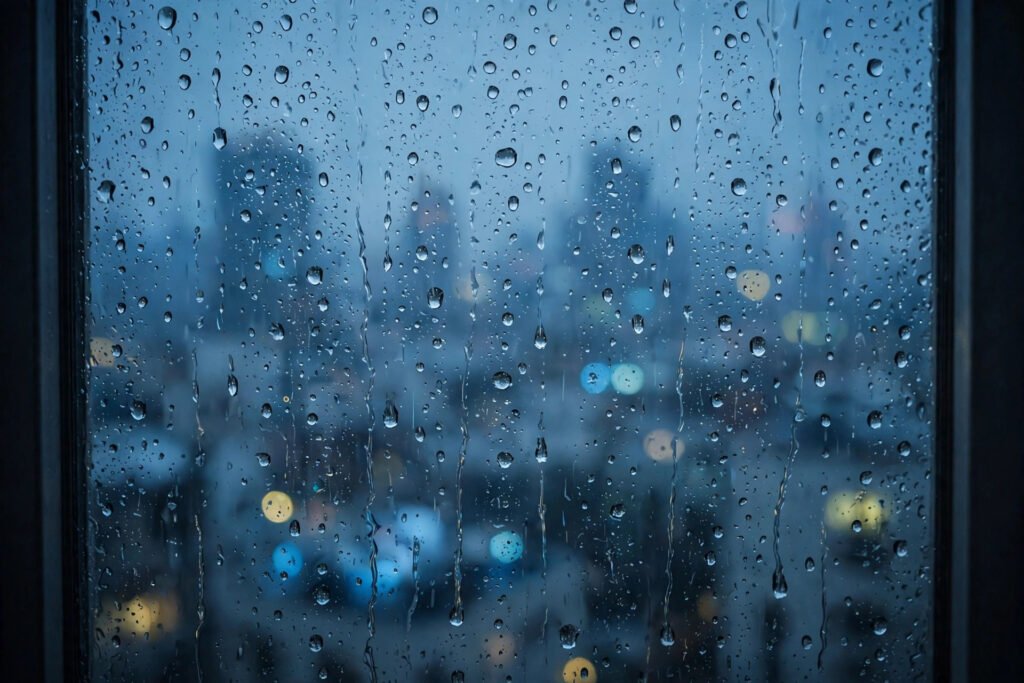 Raindrops streaking down a windowpane with a blurred blue city glowing behind, echoing the quiet sadness of these breakup quotes.