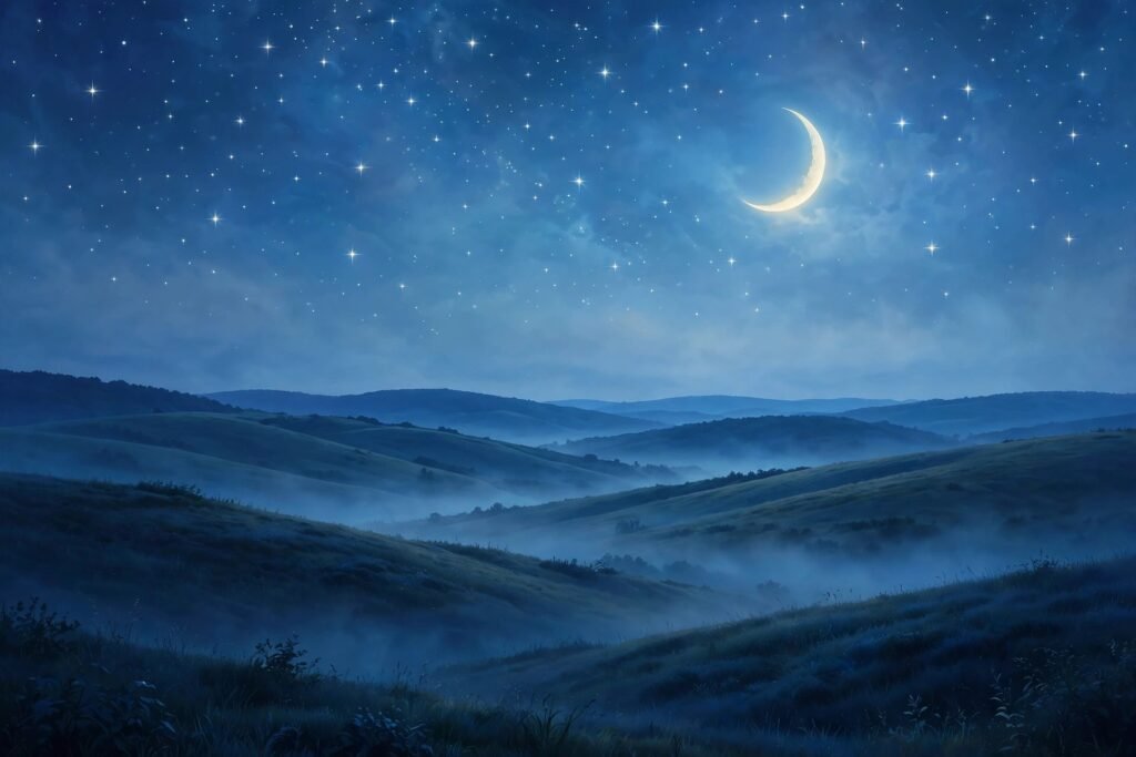 Moonlit night sky with stars and a crescent moon over peaceful hills for a good night quotes collection