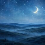 Moonlit night sky with stars and a crescent moon over peaceful hills for a good night quotes collection