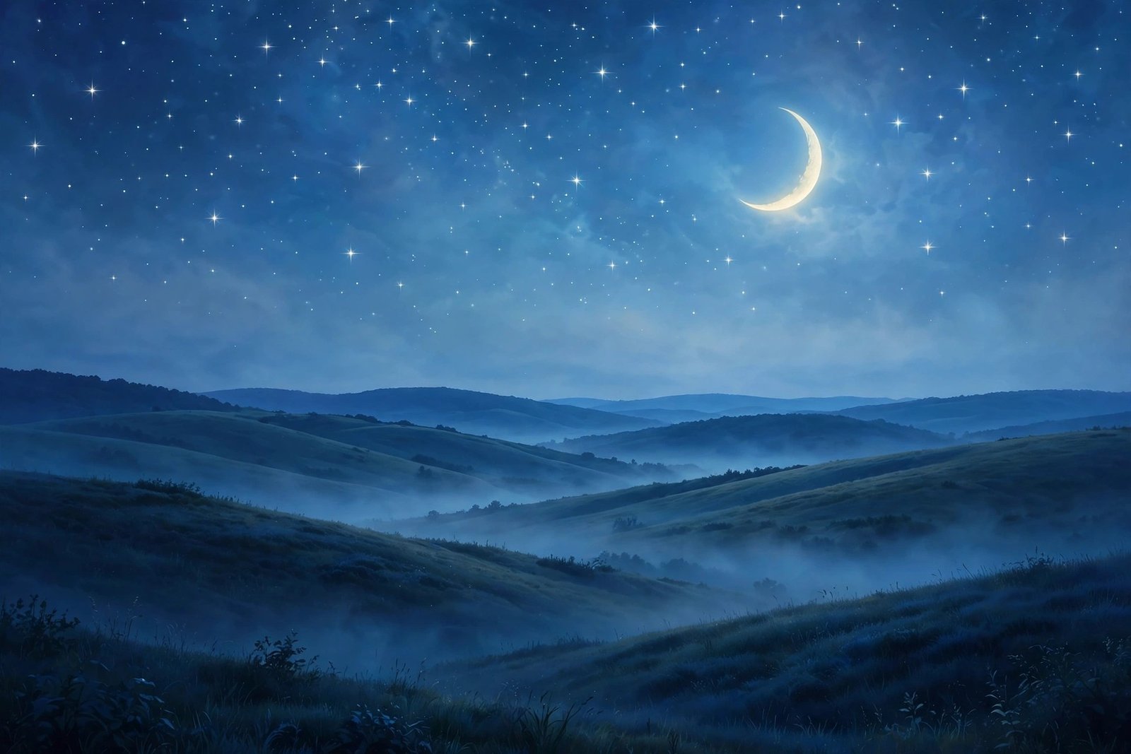 Moonlit night sky with stars and a crescent moon over peaceful hills for a good night quotes collection