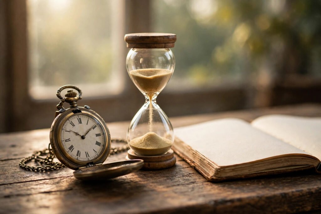 Antique pocket watch and glass hourglass on a wooden desk representing the fleeting value of time