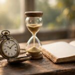 Antique pocket watch and glass hourglass on a wooden desk representing the fleeting value of time