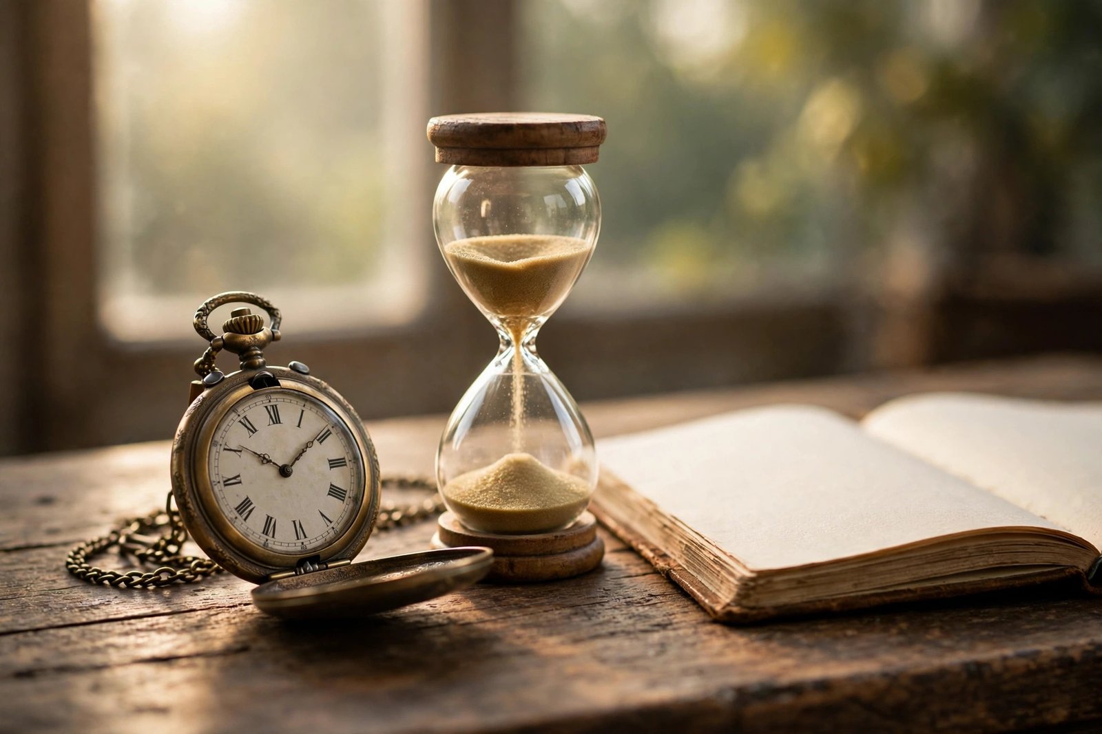Antique pocket watch and glass hourglass on a wooden desk representing the fleeting value of time