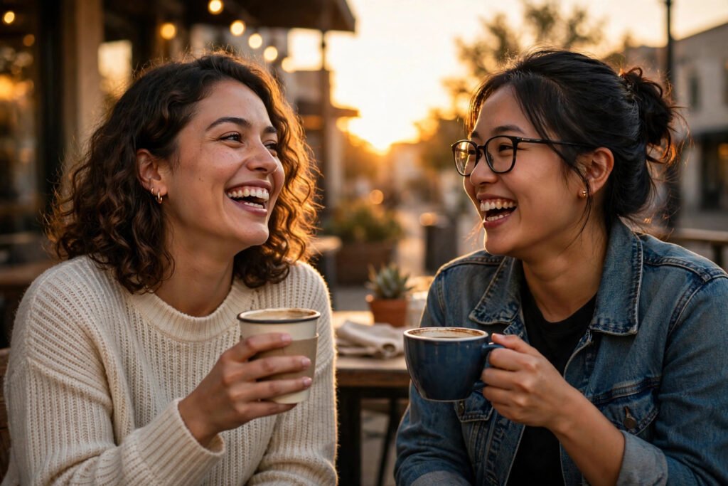 Two best friends laughing together at sunset holding coffee cups, celebrating Friendship Day