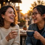 Two best friends laughing together at sunset holding coffee cups, celebrating Friendship Day