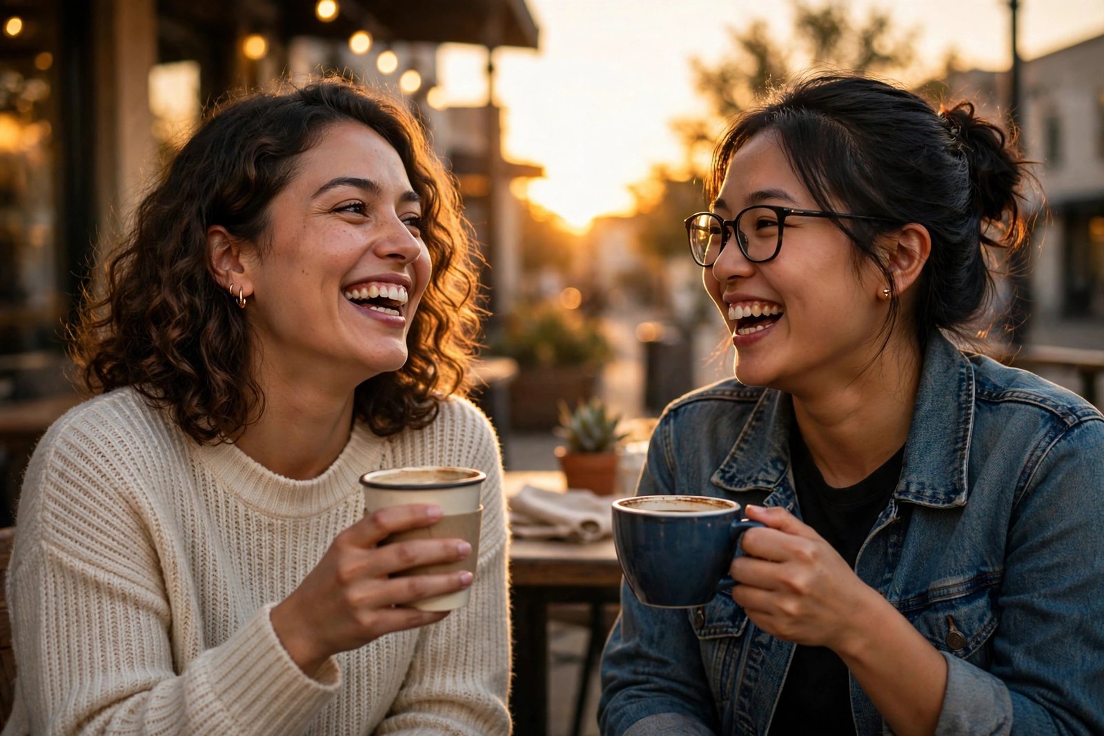 Two best friends laughing together at sunset holding coffee cups, celebrating Friendship Day
