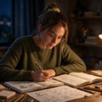 A focused student studying at a desk with books, notes and a warm lamp during late-night revision