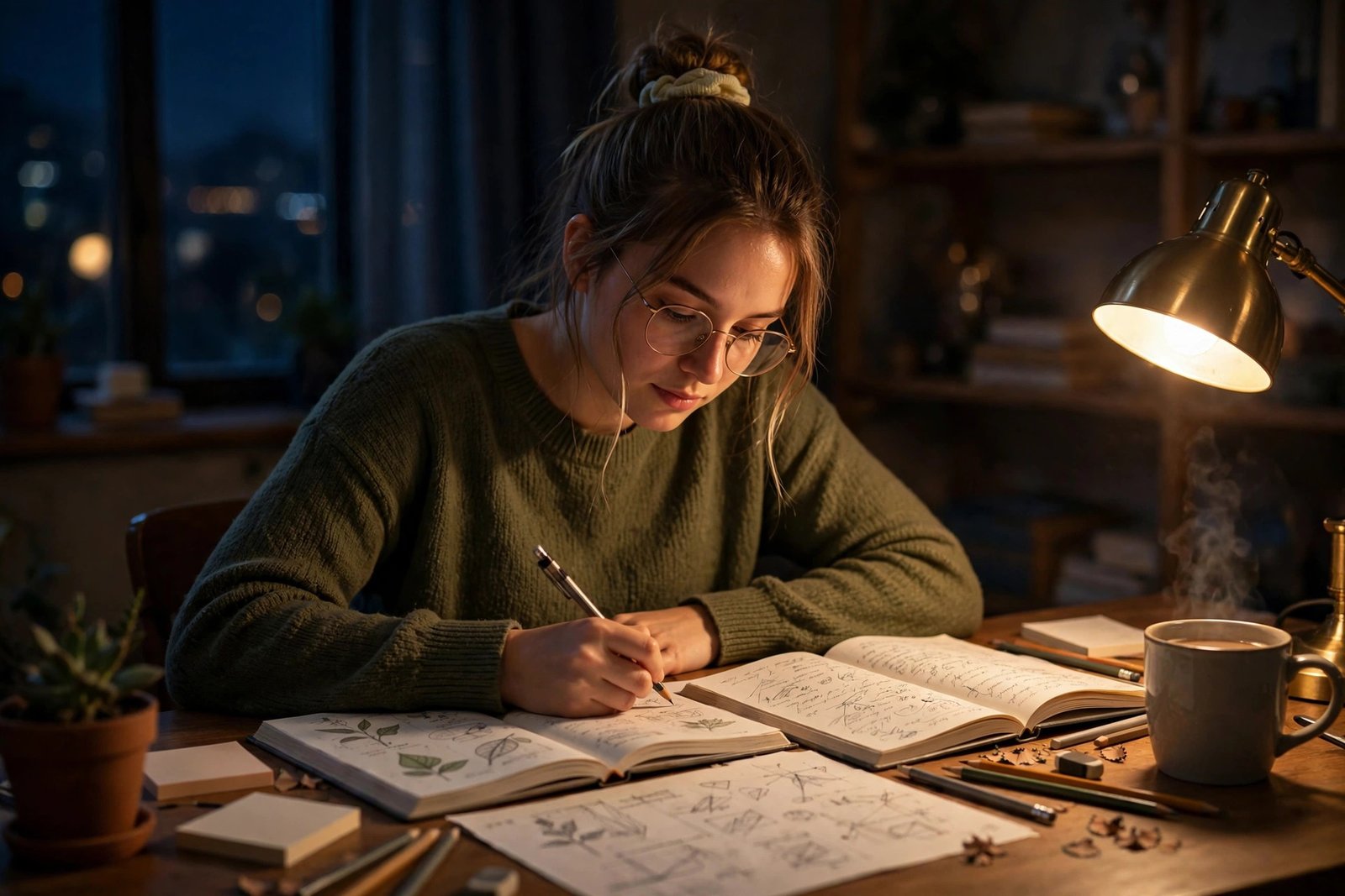A focused student studying at a desk with books, notes and a warm lamp during late-night revision