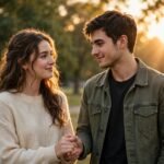 A couple holding hands at golden hour in a park, warm sunlight, romantic and tender mood
