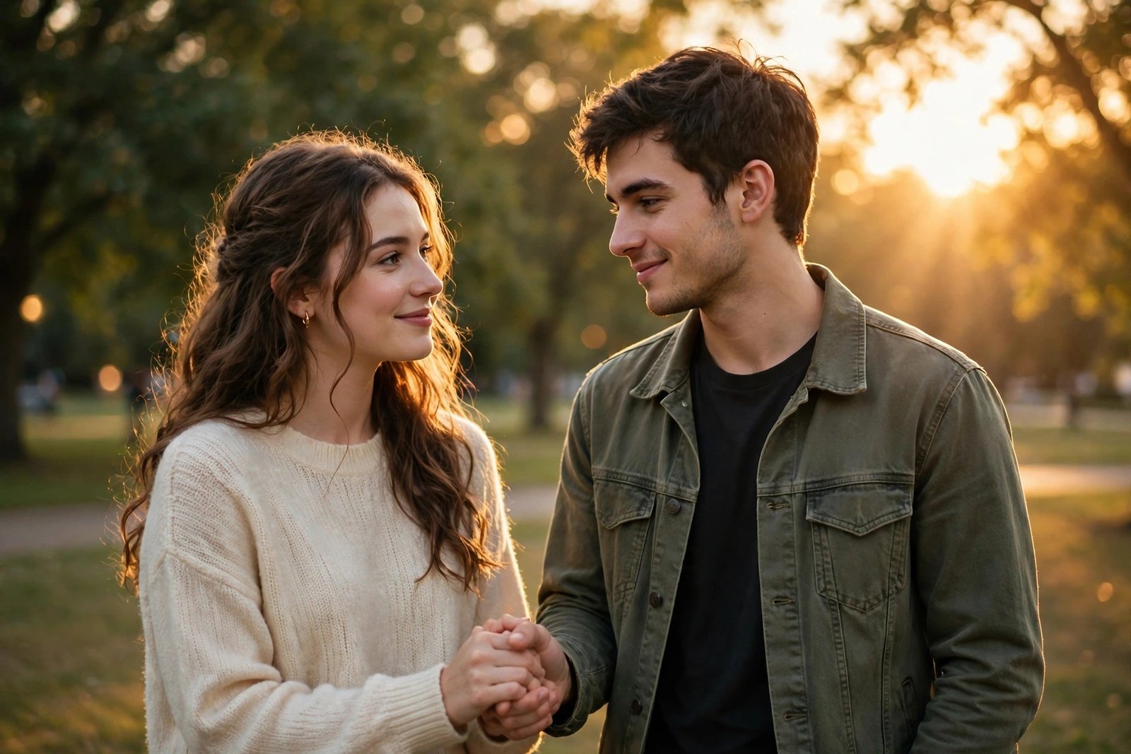 A couple holding hands at golden hour in a park, warm sunlight, romantic and tender mood