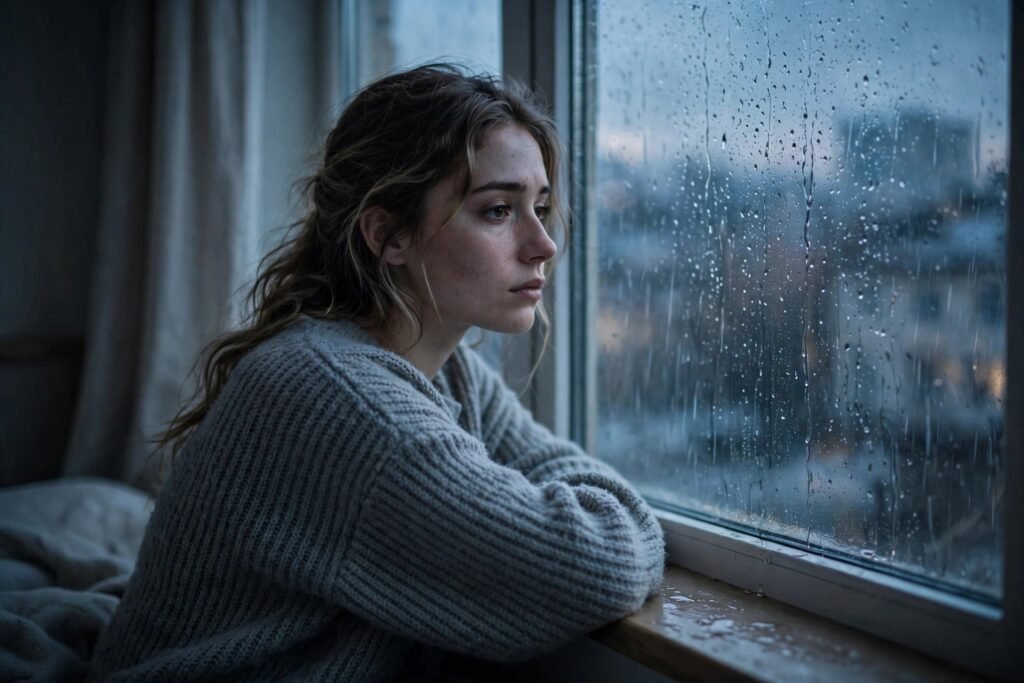 A young woman sitting quietly by a rain-streaked window at dusk, soft blue tones, thoughtful and melancholic mood