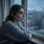 A young woman sitting quietly by a rain-streaked window at dusk, soft blue tones, thoughtful and melancholic mood