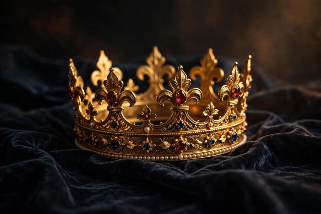 A golden crown resting on dark velvet cloth in warm dramatic light, symbolising royal confidence and a king mindset