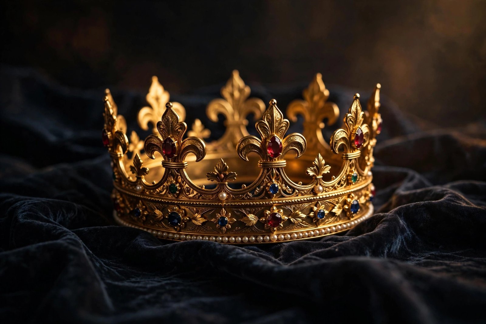 A golden crown resting on dark velvet cloth in warm dramatic light, symbolising royal confidence and a king mindset