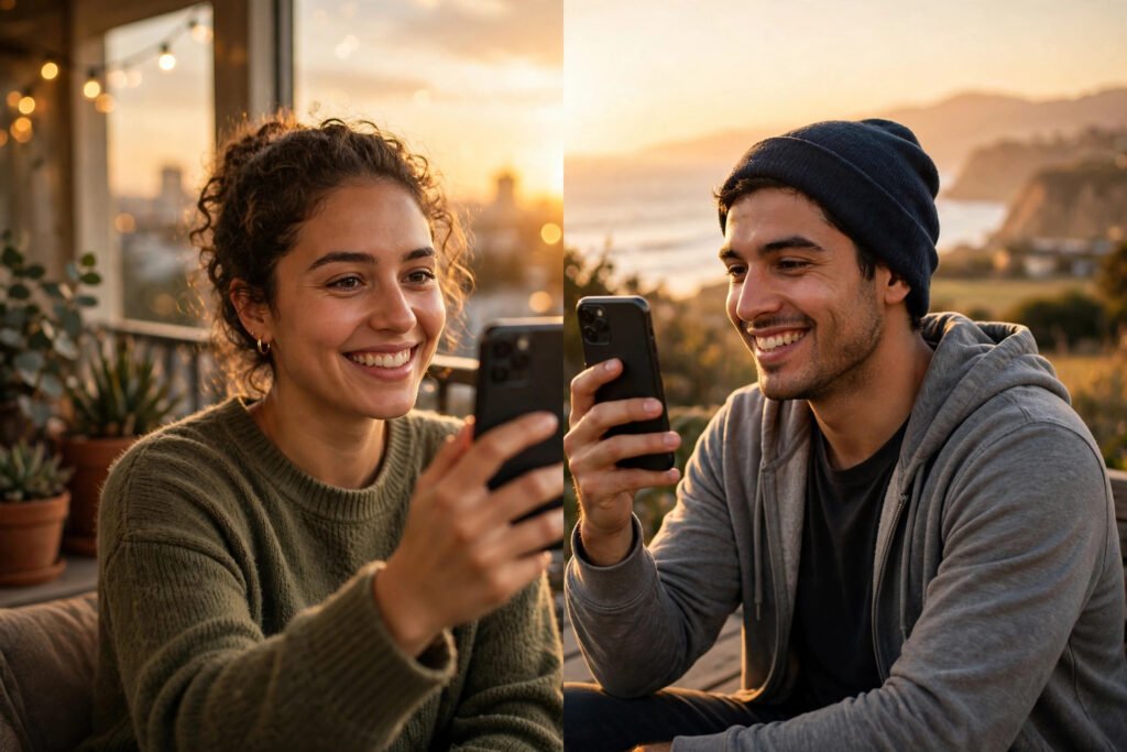 Two best friends smiling on a video call across the distance at sunset, warm and heartfelt friendship mood