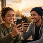Two best friends smiling on a video call across the distance at sunset, warm and heartfelt friendship mood