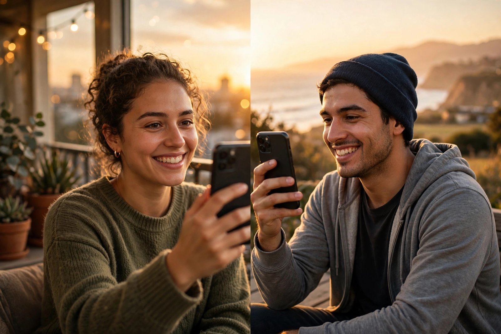 Two best friends smiling on a video call across the distance at sunset, warm and heartfelt friendship mood