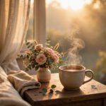A steaming cup of coffee on a bedside table beside a small bouquet of flowers in soft golden morning light, warm and tender romantic mood