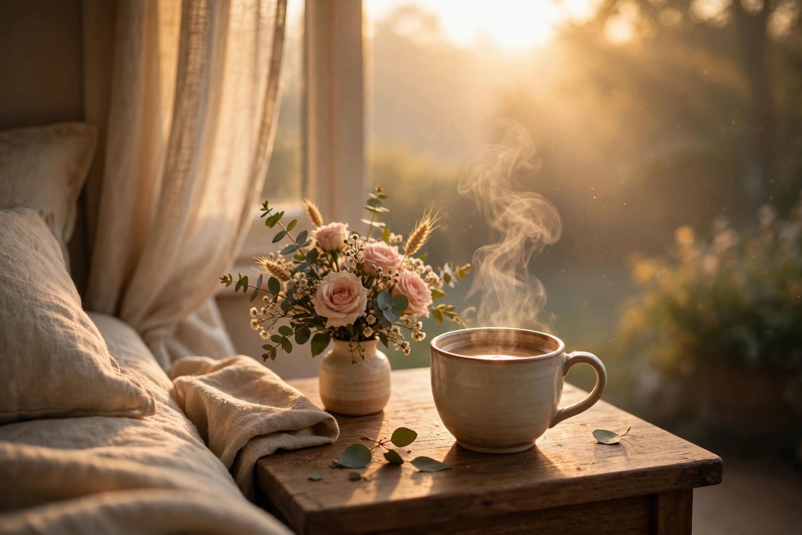 A steaming cup of coffee on a bedside table beside a small bouquet of flowers in soft golden morning light, warm and tender romantic mood