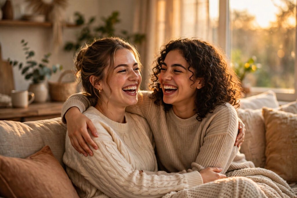 Two sisters laughing together on a cozy sofa at home, arms around each other in warm golden light, joyful and heartfelt family mood