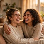 Two sisters laughing together on a cozy sofa at home, arms around each other in warm golden light, joyful and heartfelt family mood