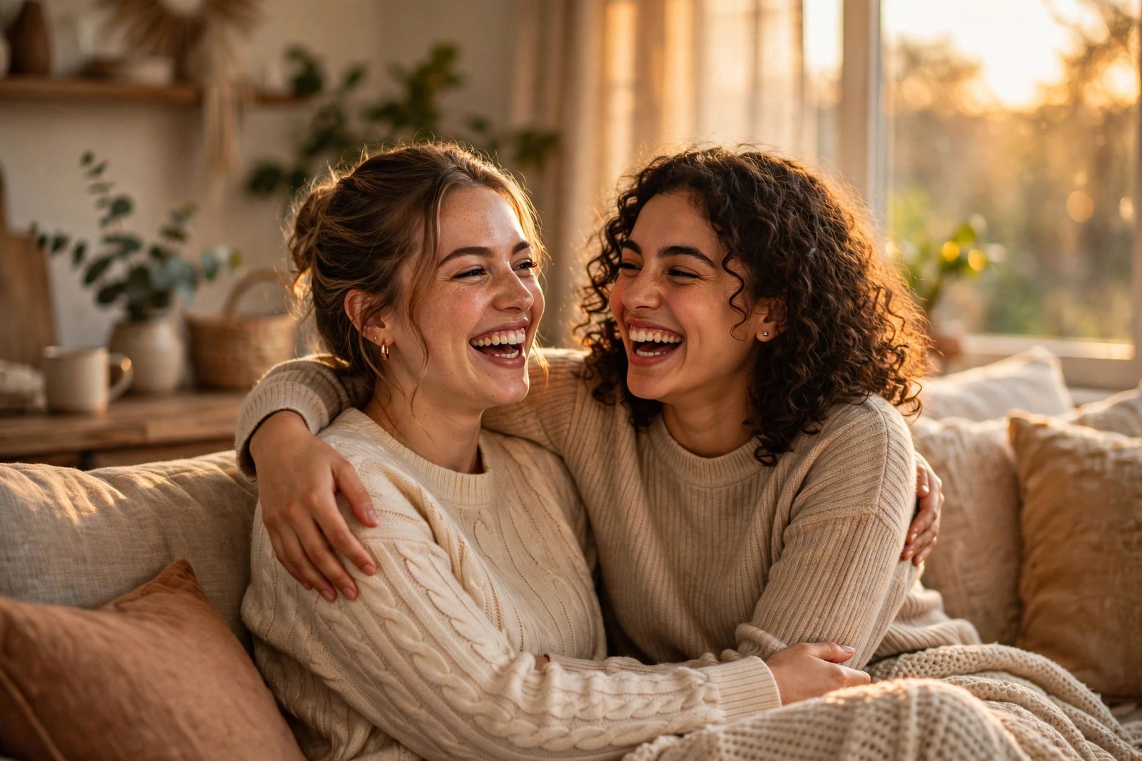 Two sisters laughing together on a cozy sofa at home, arms around each other in warm golden light, joyful and heartfelt family mood