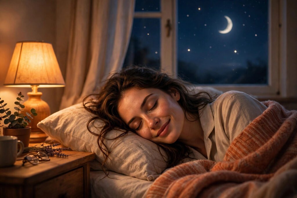 A woman sleeping peacefully with a soft smile, warm bedside lamp glow, crescent moon and stars outside the window, calm romantic night mood