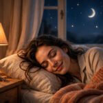 A woman sleeping peacefully with a soft smile, warm bedside lamp glow, crescent moon and stars outside the window, calm romantic night mood