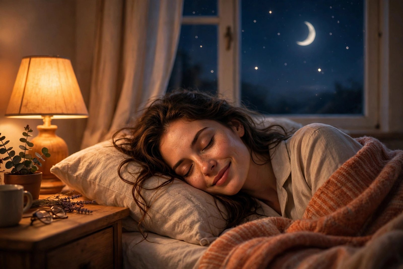 A woman sleeping peacefully with a soft smile, warm bedside lamp glow, crescent moon and stars outside the window, calm romantic night mood