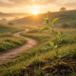 A young green plant growing tall toward warm morning sunlight, with a winding path and rising sun behind it, hopeful personal growth theme