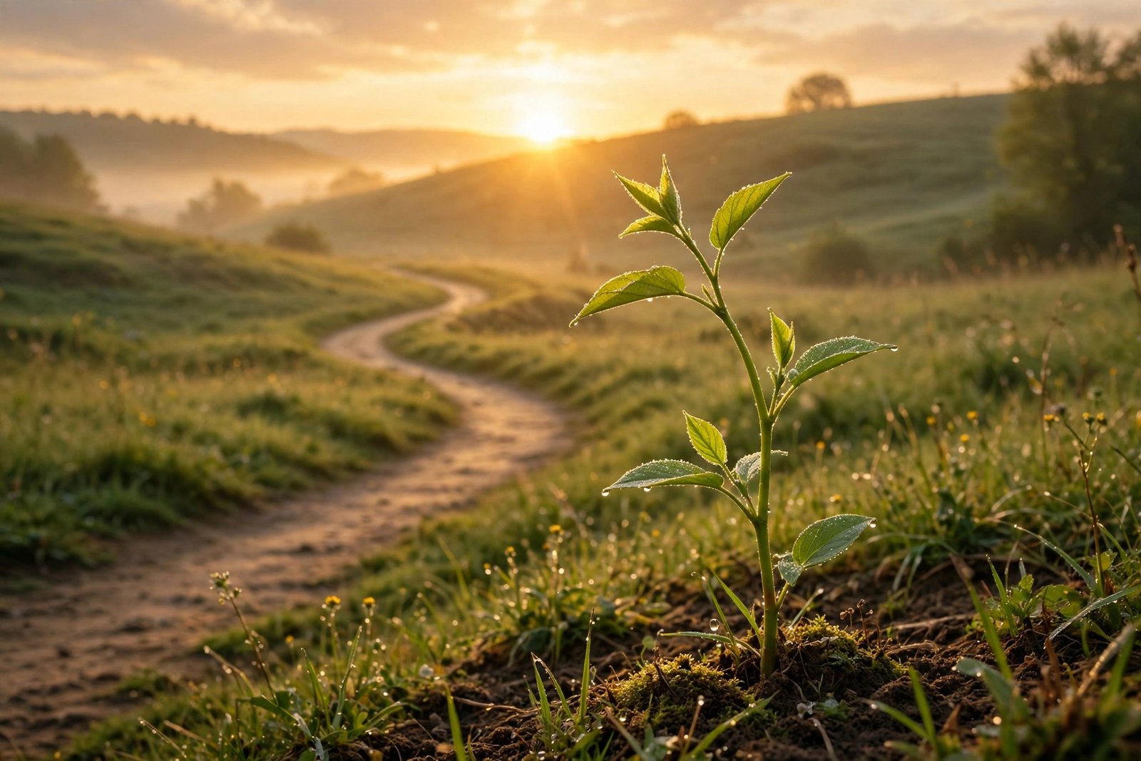 A young green plant growing tall toward warm morning sunlight, with a winding path and rising sun behind it, hopeful personal growth theme