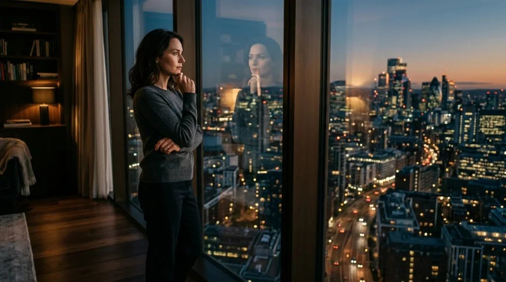 person reflecting deeply on life by a window