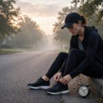 Athlete tying running shoes on a quiet road at dawn with an alarm clock on the pavement beside them, symbolizing daily discipline and a focused morning routine